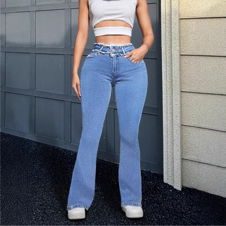 Women's High-Waisted Flared Jeans with Frayed Waistband and Center Stitch Fashion Glam