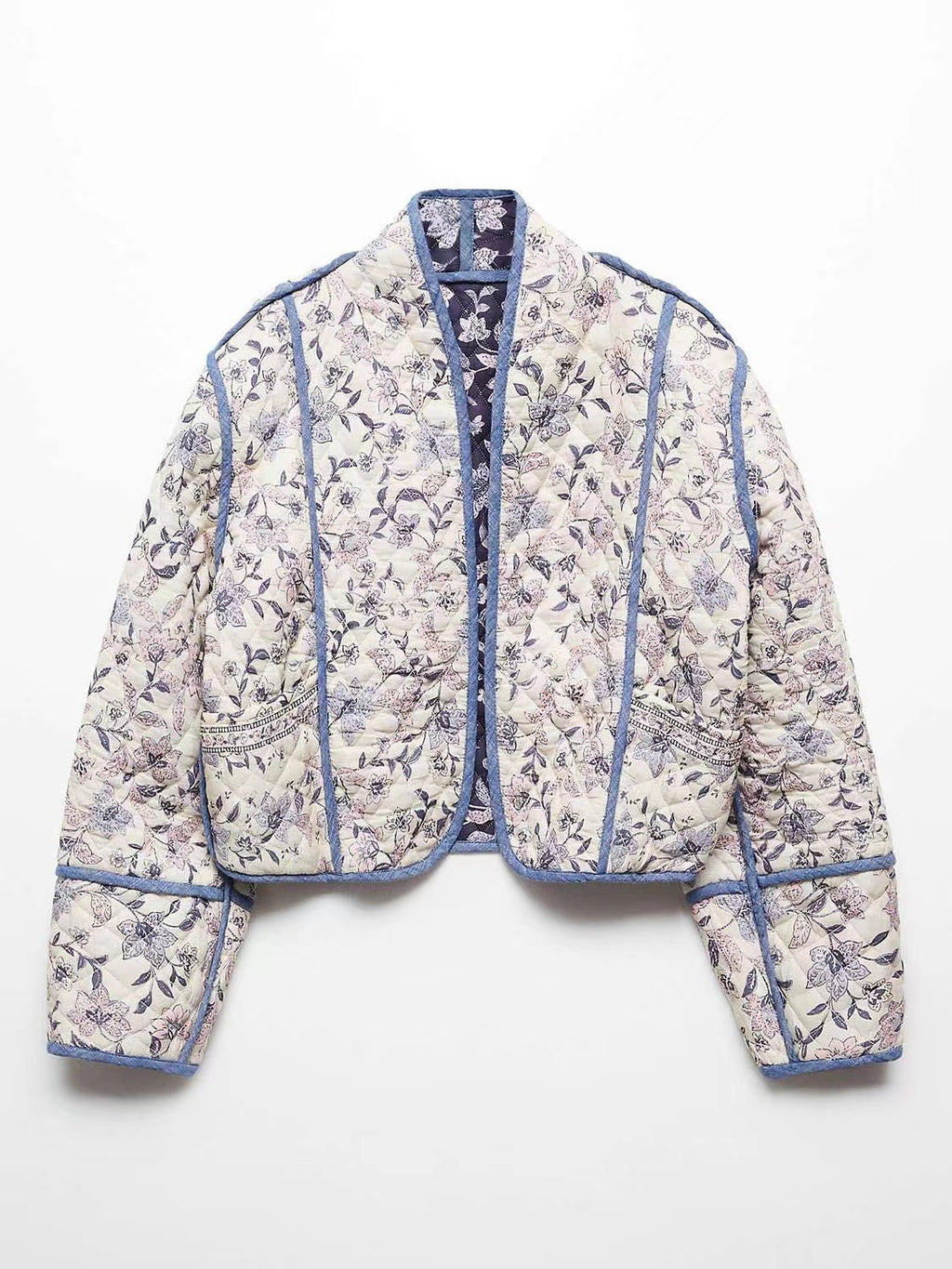 Ladies Short Quilted Bomber Jacket with Floral Jacquard and Contrast Piping Fashion Glam