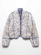 Ladies Short Quilted Bomber Jacket with Floral Jacquard and Contrast Piping Fashion Glam