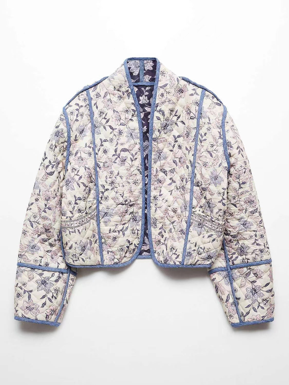Ladies Short Quilted Bomber Jacket with Floral Jacquard and Contrast Piping Fashion Glam