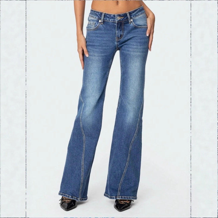 Ladies High-Waisted Vintage Flared Jeans with Slim Hip Section and Vertical Seam Fashion Glam