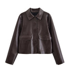 Women Short Boxy Leather-Look Jacket with Flap Pockets and Shirt Collar Fashion Glam