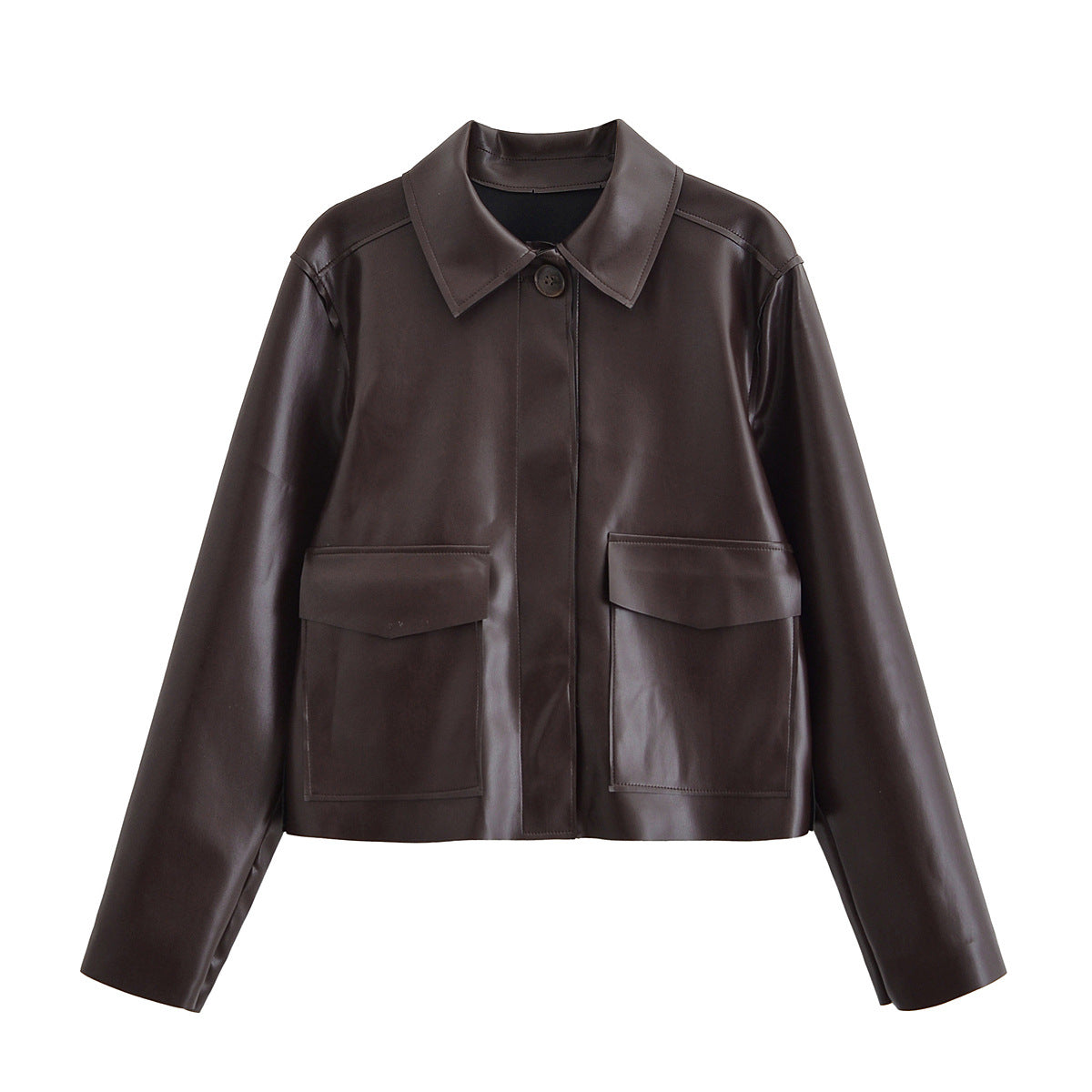 Women Short Boxy Leather-Look Jacket with Flap Pockets and Shirt Collar Fashion Glam