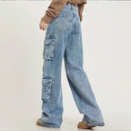 Women's High-Cut Baggy Cargo Jeans with Multiple Utility Pockets Fashion Glam