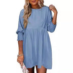 Women's Loose Babydoll Dress with Balloon Sleeves and Gathered Waist Fashion Glam