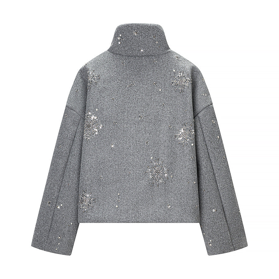Women's Short Embroidered Wool Blend Boxy Coat with Stand Collar Fashion Glam