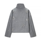 Women's Short Embroidered Wool Blend Boxy Coat with Stand Collar Fashion Glam