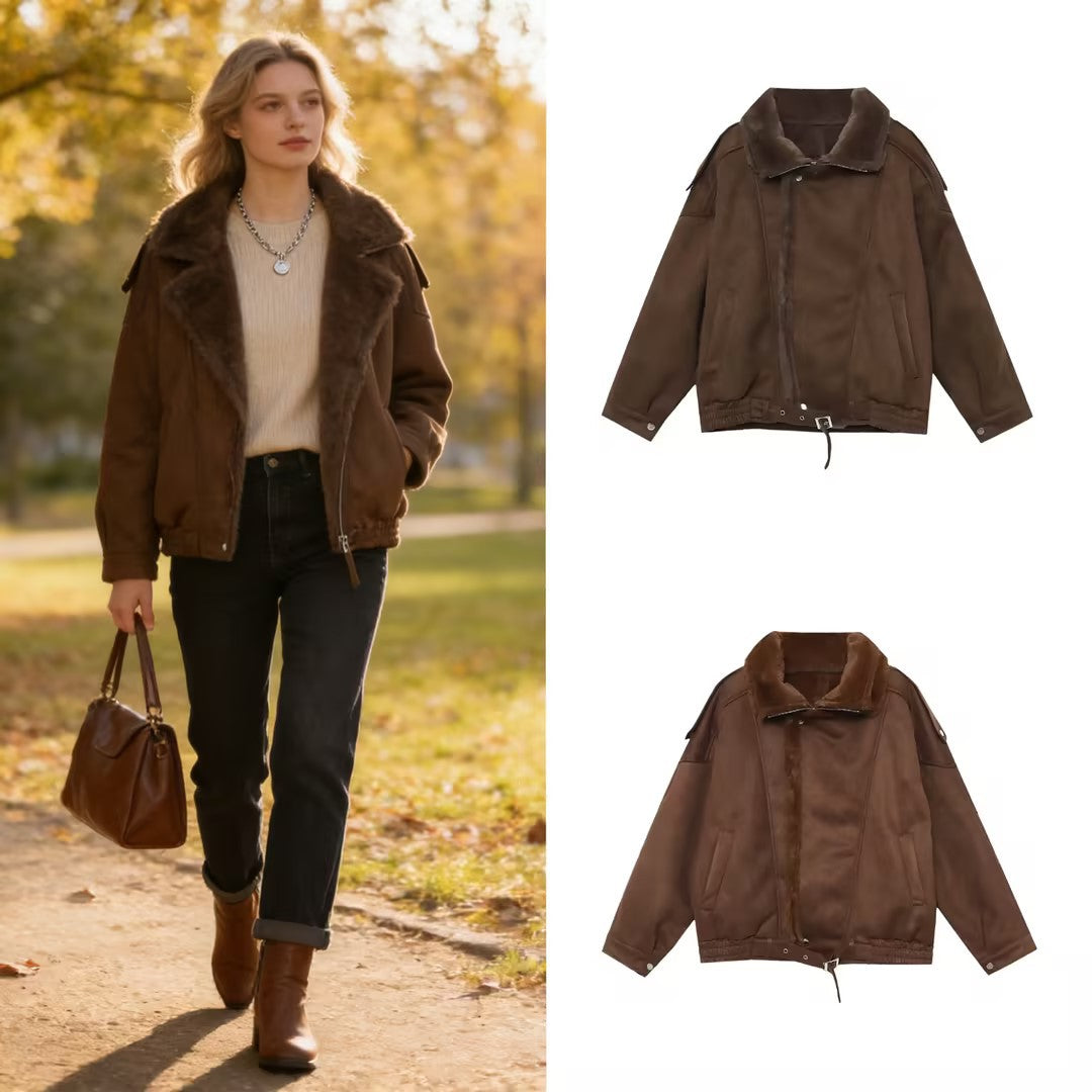 Women's Oversized Aviator Jacket with Teddy Lining, Stand Collar and Waist Belt Fashion Glam