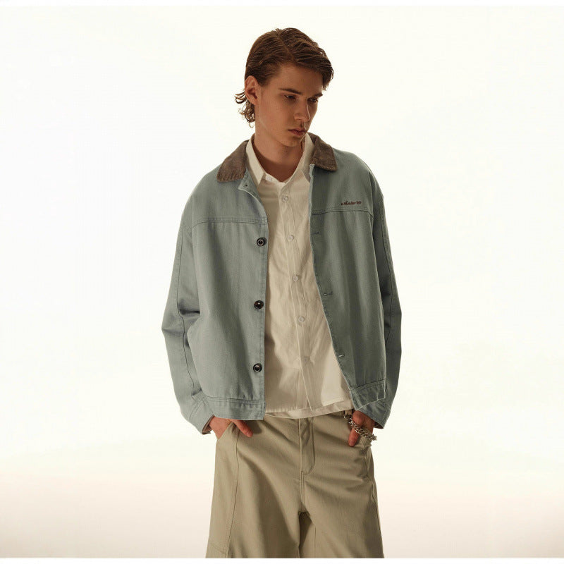 Men's Boxy Canvas Jacket with Cord Collar and Concealed Button Placket Fashion Glam