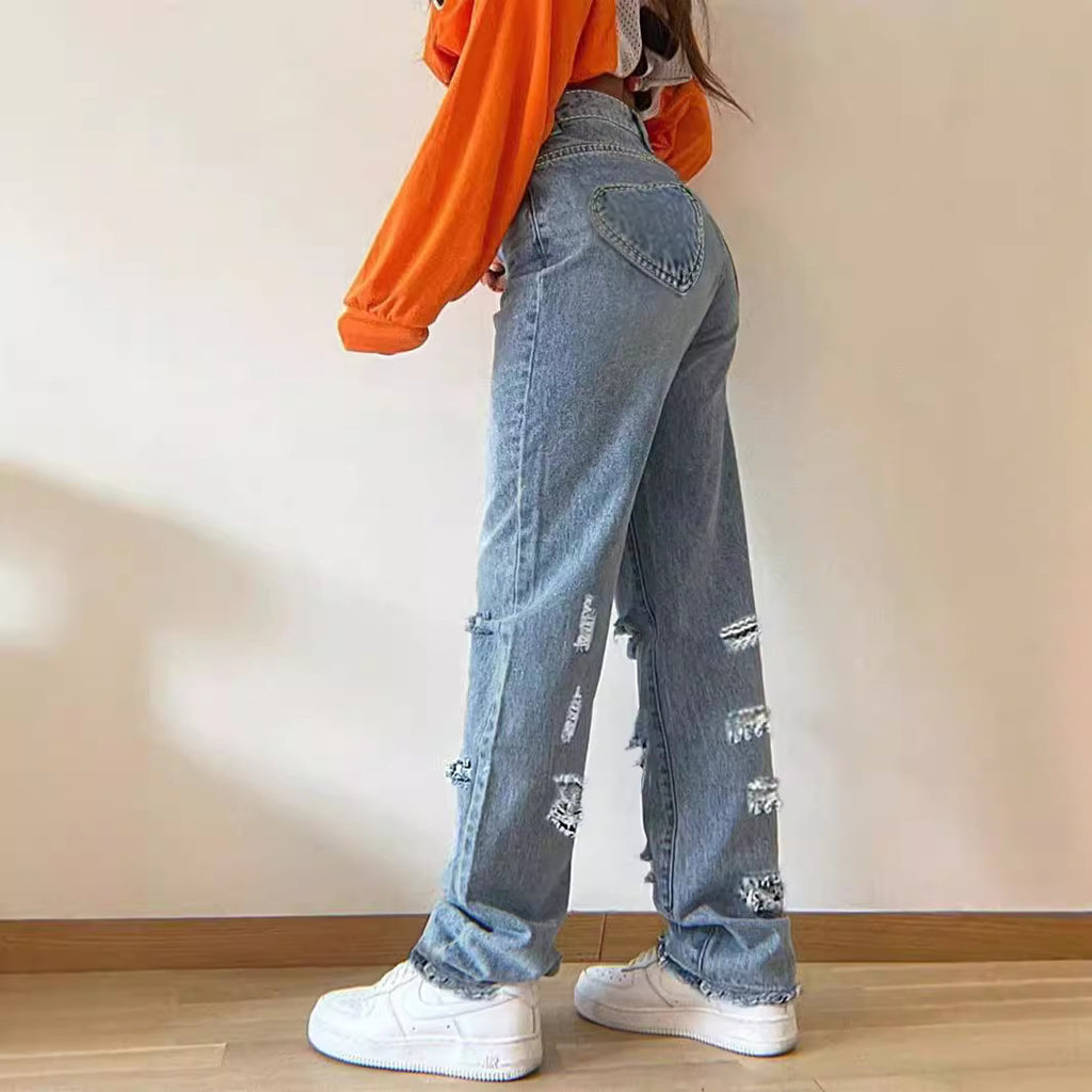 Women's High-Waisted Baggy Jeans in Vintage Ripped Design with Wide Leg and Frayed Hem Fashion Glam