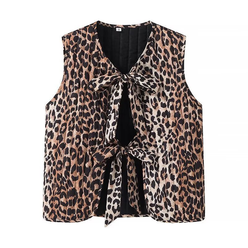 Women Sleeveless Leopard Print Blouse with Double Bow and Keyhole Front Fashion Glam