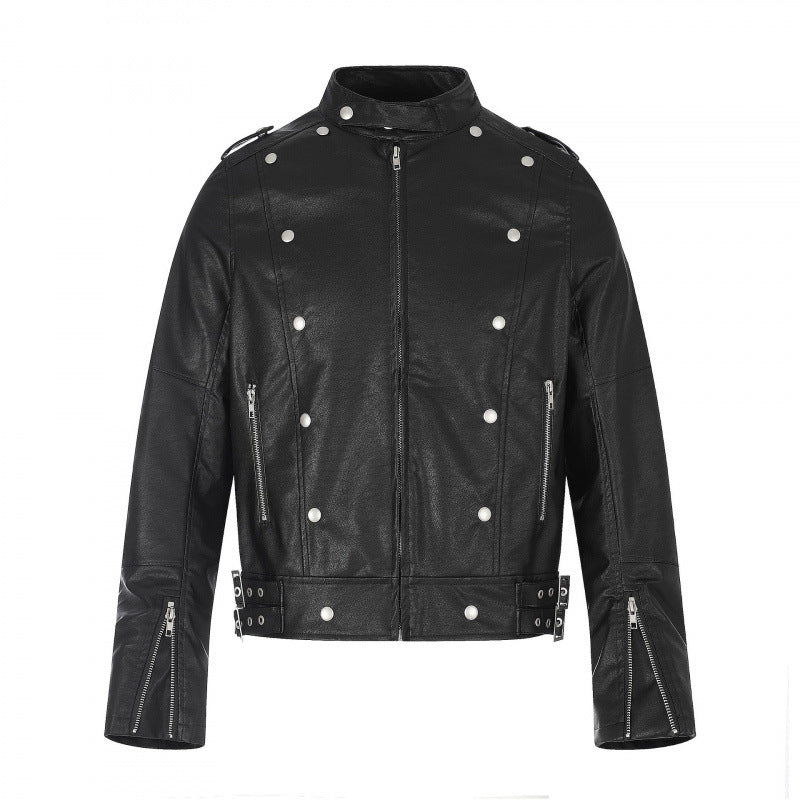 Unisex Short Cut Studded Leather Jacket in Biker Style with Stand-Up Collar, Zipper Sleeves and Waist Strap Fashion Glam