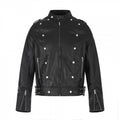 Unisex Short Cut Studded Leather Jacket in Biker Style with Stand-Up Collar, Zipper Sleeves and Waist Strap Fashion Glam