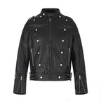 Unisex Short Cut Studded Leather Jacket in Biker Style with Stand-Up Collar, Zipper Sleeves and Waist Strap Fashion Glam