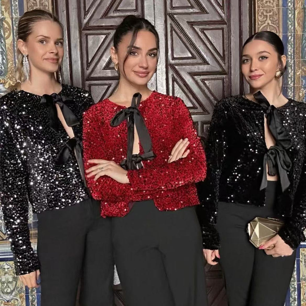 Women Sequin Cropped Jacket with Open Front Panels and Large Satin Ribbons Fashion Glam