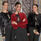 Women Sequin Cropped Jacket with Open Front Panels and Large Satin Ribbons Fashion Glam