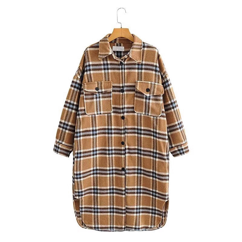 Women's Oversize Check Shirt Jacket in Longline Cut with Patch Chest Pockets Fashion Glam