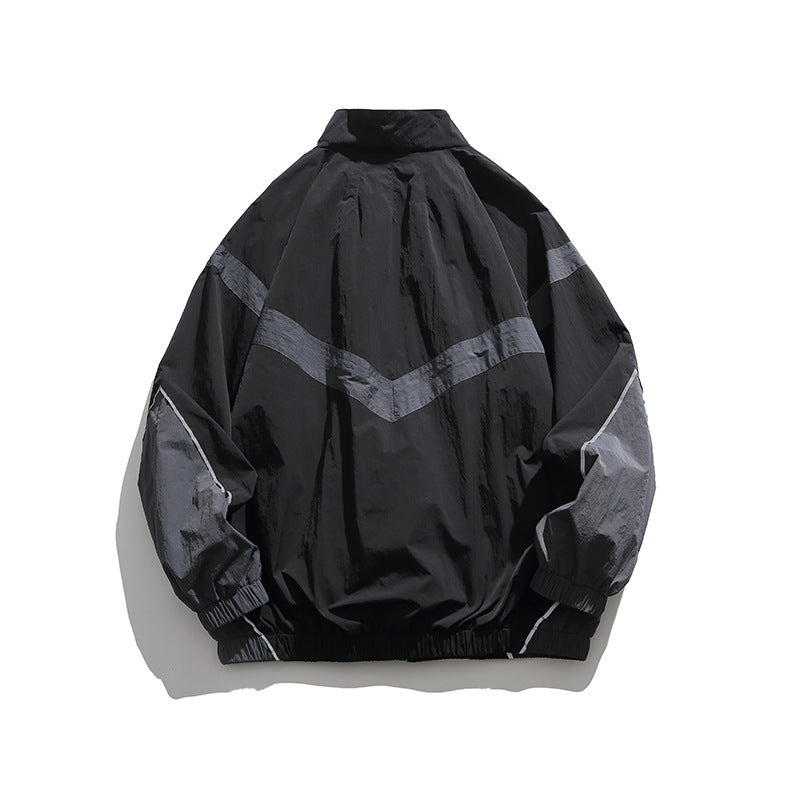 Men's Lightweight Oversize Windbreaker Jacket with Chevron Panels, Stand Collar and Elastic Hem Fashion Glam
