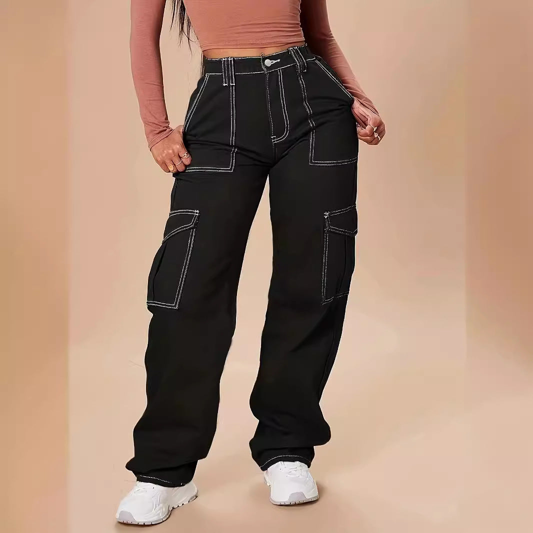 Women's utility cargo pants with wide leg, high waist and contrasting decorative seams Fashion Glam