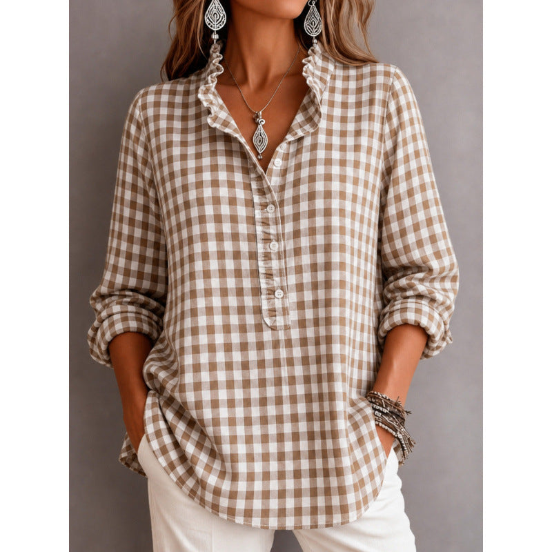 Women Checked Blouse Top with Ruffled Collar and Half Button Placket Fashion Glam