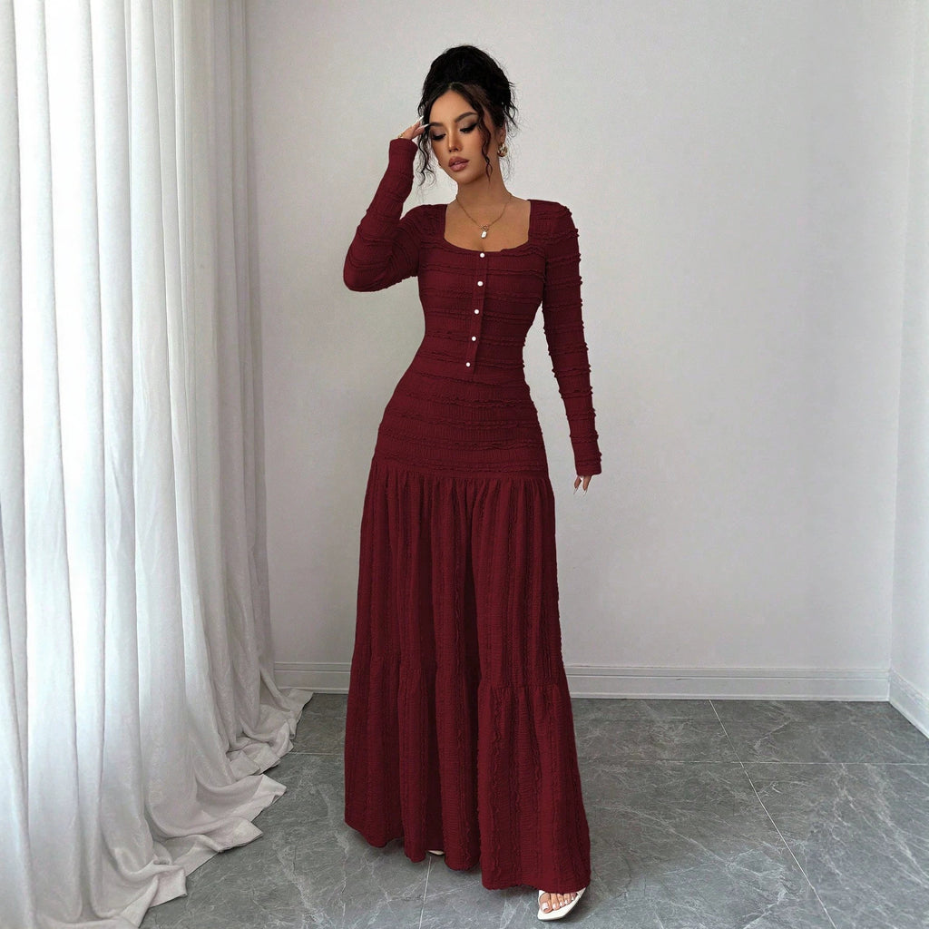 Women's Figure-Hugging Ruffle Maxi Dress with Square Neckline and Button Placket Fashion Glam