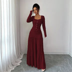 Women's Figure-Hugging Ruffle Maxi Dress with Square Neckline and Button Placket Fashion Glam