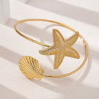 Women Open Bangle with Maritime Star and Shell Design Fashion Glam
