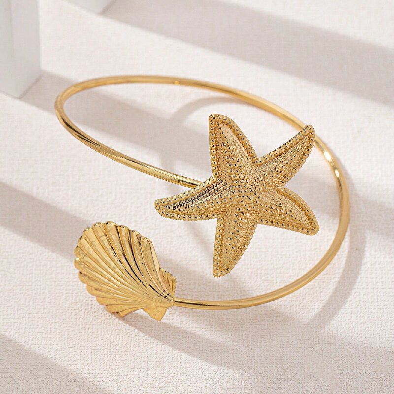 Women Open Bangle with Maritime Star and Shell Design Fashion Glam