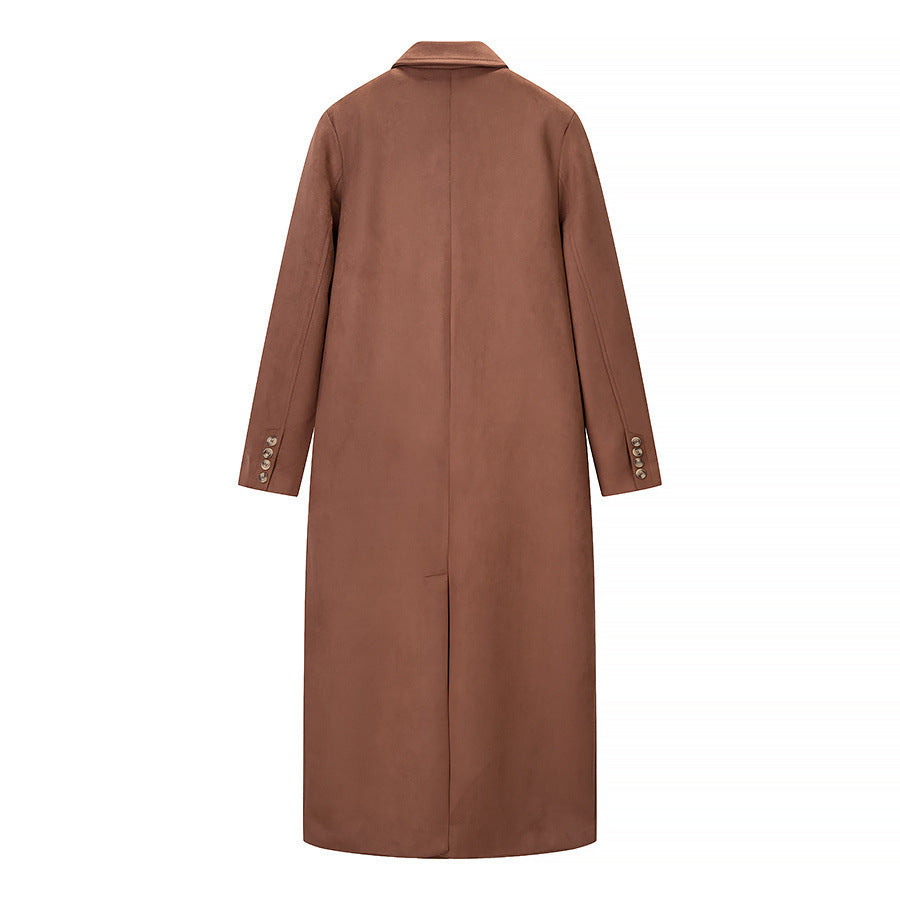Women's Long Double-Breasted Wool Blend Coat with Classic Lapels and Flap Pockets Fashion Glam