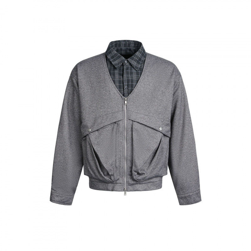Men's short-cut utility bomber jacket with V-neck, patch pockets, and front zipper Fashion Glam