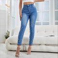 Women high-waisted skinny jeans with pearl appliqué Fashion Glam
