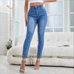 Women high-waisted skinny jeans with pearl appliqué Fashion Glam