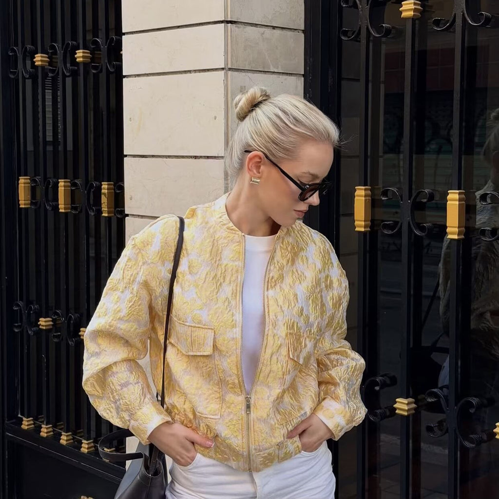 Women's short cut quilted bomber jacket with floral jacquard texture, elastic hem and patch pockets Fashion Glam