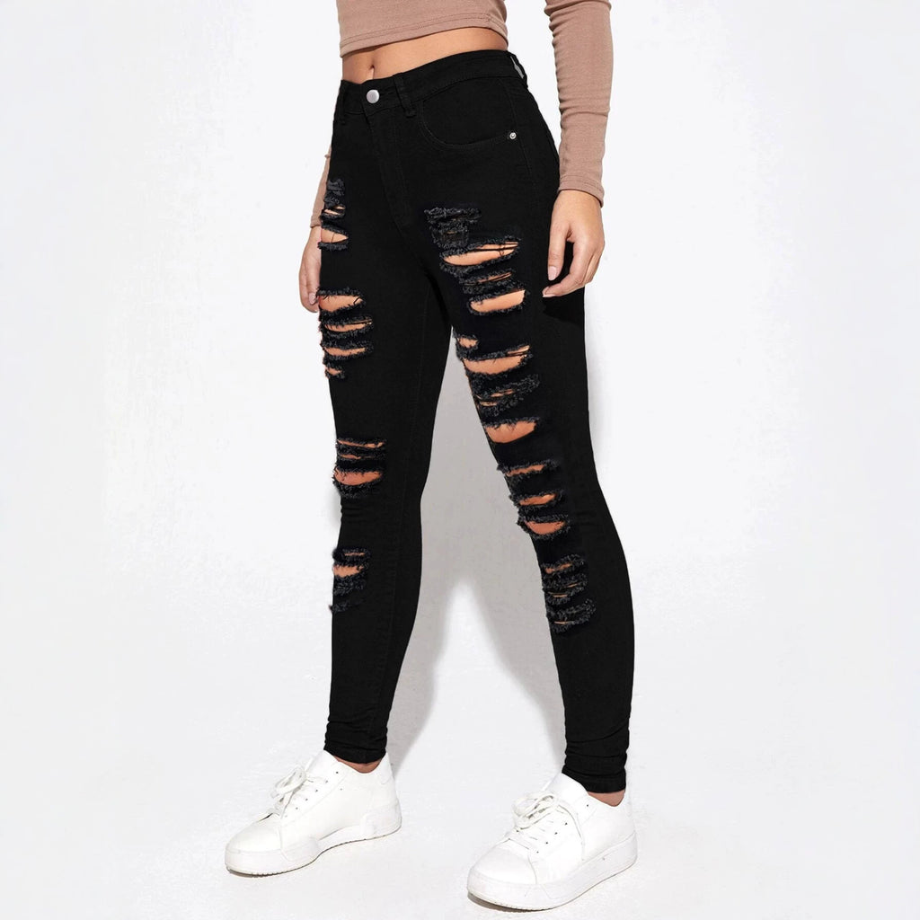 Women's high-waisted super stretch jeans in skinny fit with pronounced destroy rips Fashion Glam