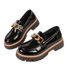 Women's Shiny Slip-On Loafers with Chunky Profile Sole and Decorative Chain Fashion Glam