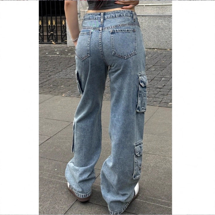 Women's High-Cut Baggy Cargo Jeans with Multiple Utility Pockets Fashion Glam