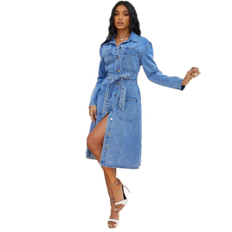 Ladies' midi dress made of denim with a waist belt and continuous button placket Fashion Glam