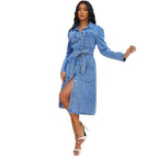 Ladies' midi dress made of denim with a waist belt and continuous button placket Fashion Glam