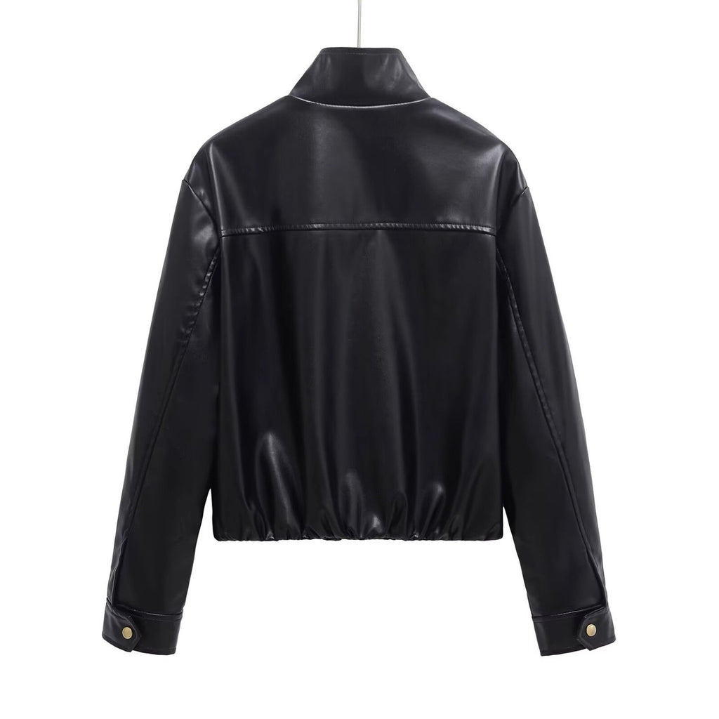 Ladies short cut faux leather bomber jacket with standing collar and zipper Fashion Glam