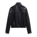 Ladies short cut faux leather bomber jacket with standing collar and zipper Fashion Glam