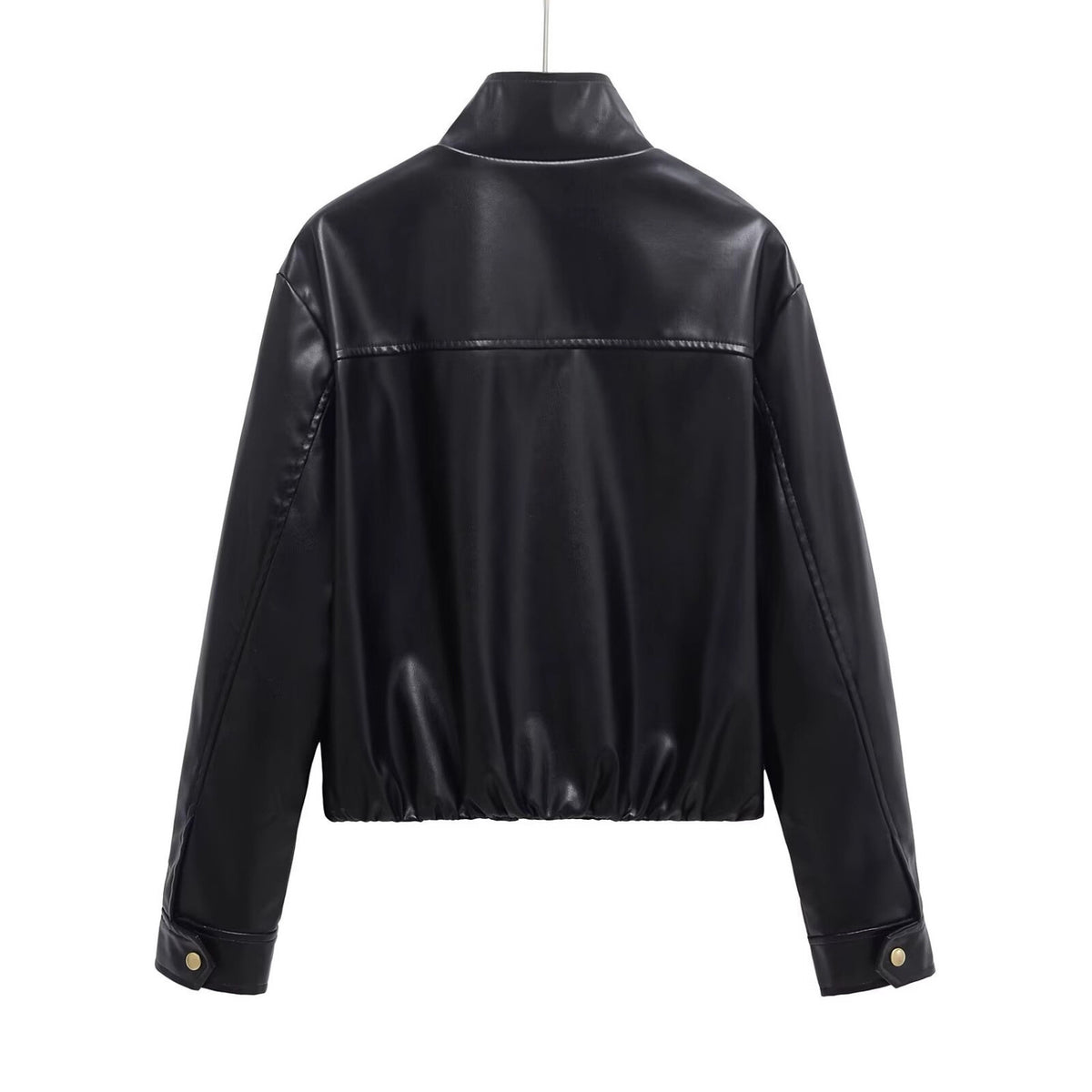 Ladies short cut faux leather bomber jacket with standing collar and zipper Fashion Glam