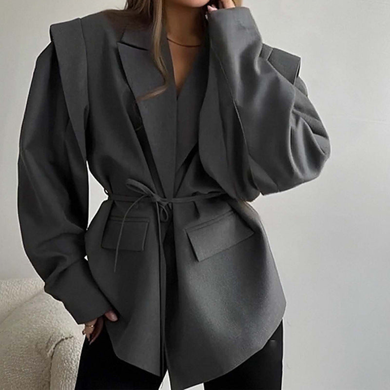 Ladies Tailored Wrap Blazer with Shoulder Pads and Tying Belt Fashion Glam