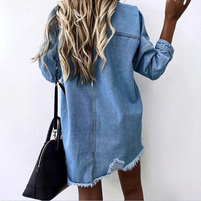 Women's Oversize Denim Shirt Jacket with Fringe Hem, Chest Pockets and Destroyed Detail Fashion Glam