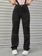 Women's High-Waisted Cargo Pants with Contrast Stitching and Straight Leg Fashion Glam