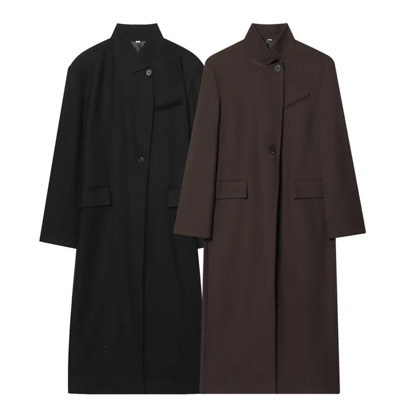 Women's Long Coat with Mandarin Collar, Minimalist Silhouette and Concealed Button Placket Fashion Glam