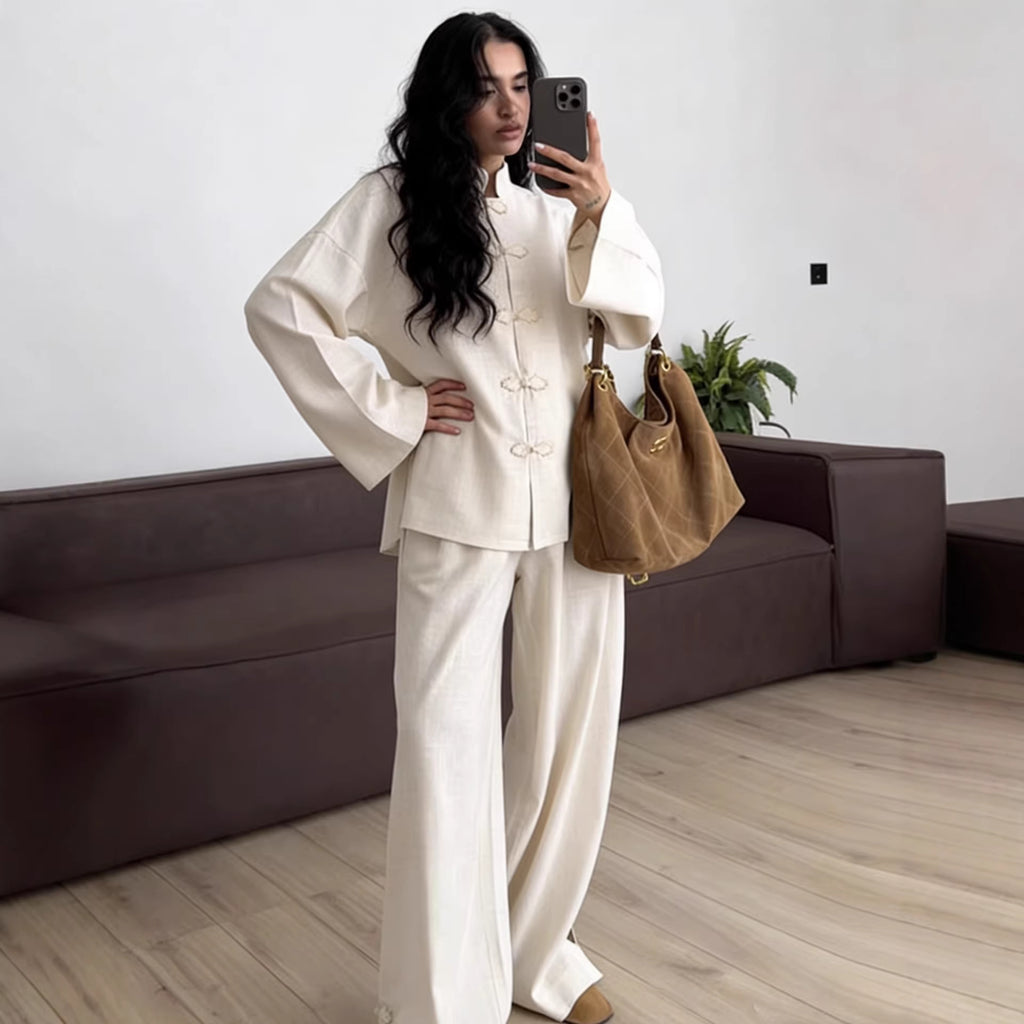 Women's Oversized Chinese Collar Blouse with Traditional Knot Closures and Wide Sleeves Fashion Glam