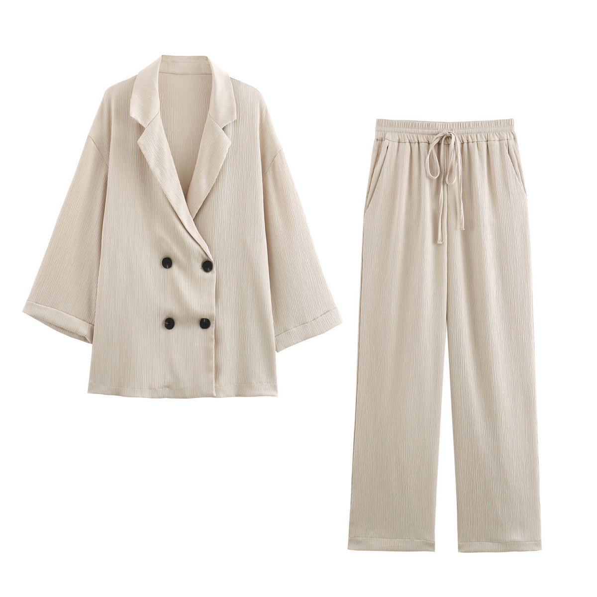 Ladies Oversized Double-Breasted Blazer with Pleated Structure and Three-Quarter Sleeves Fashion Glam