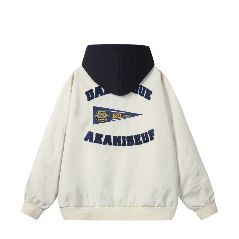 Men's college bomber jacket in oversized style with hood insert and logo patch Fashion Glam