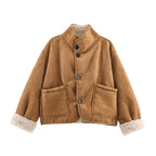Women's Short Lambskin Imitation Jacket in Boxy Cut with Stand-Up Collar and Large Outer Pockets Fashion Glam