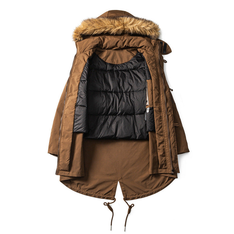Men's Quilted Parka in Fish Tail Cut with Detachable Faux Fur Hood and Thermal Lining Fashion Glam